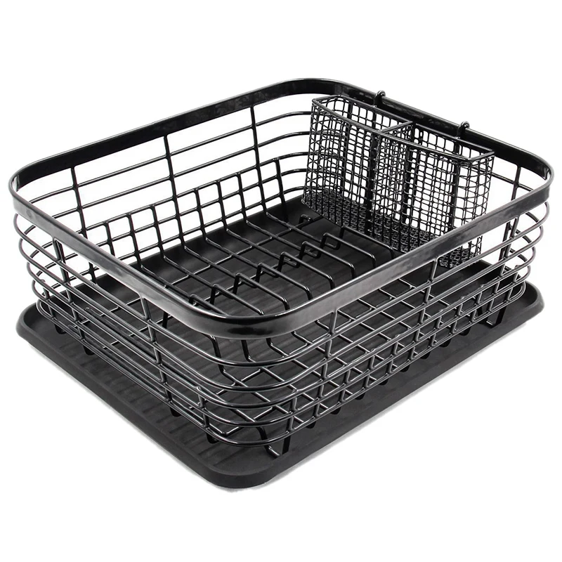 

Kitchen Dish Drainer Drying Rack with Drip Tray and Storage Basket Kitchen Sink Organizer Shelf Sink Drying Rack Black