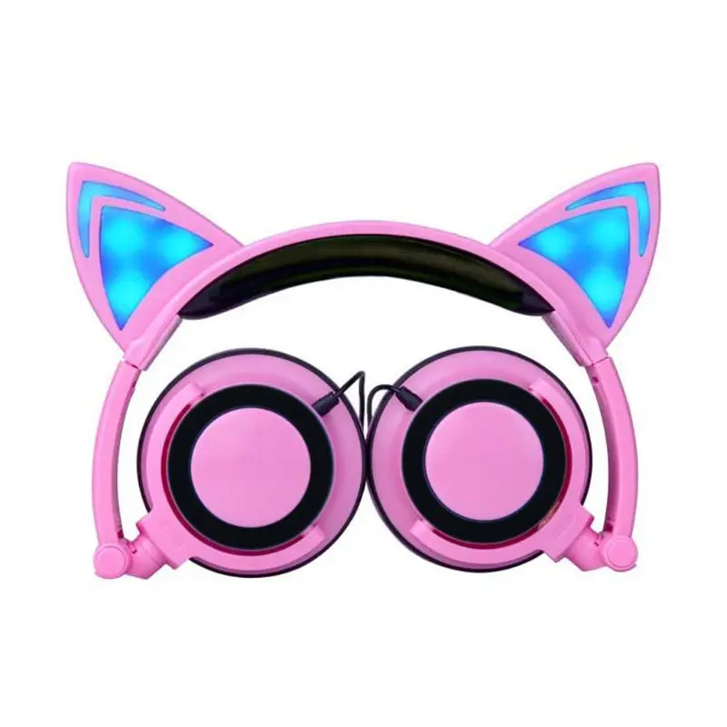 Foldable Portable Safe Wired Kids Gaming Headsets Glowing Cat Ears Headphones R2JB