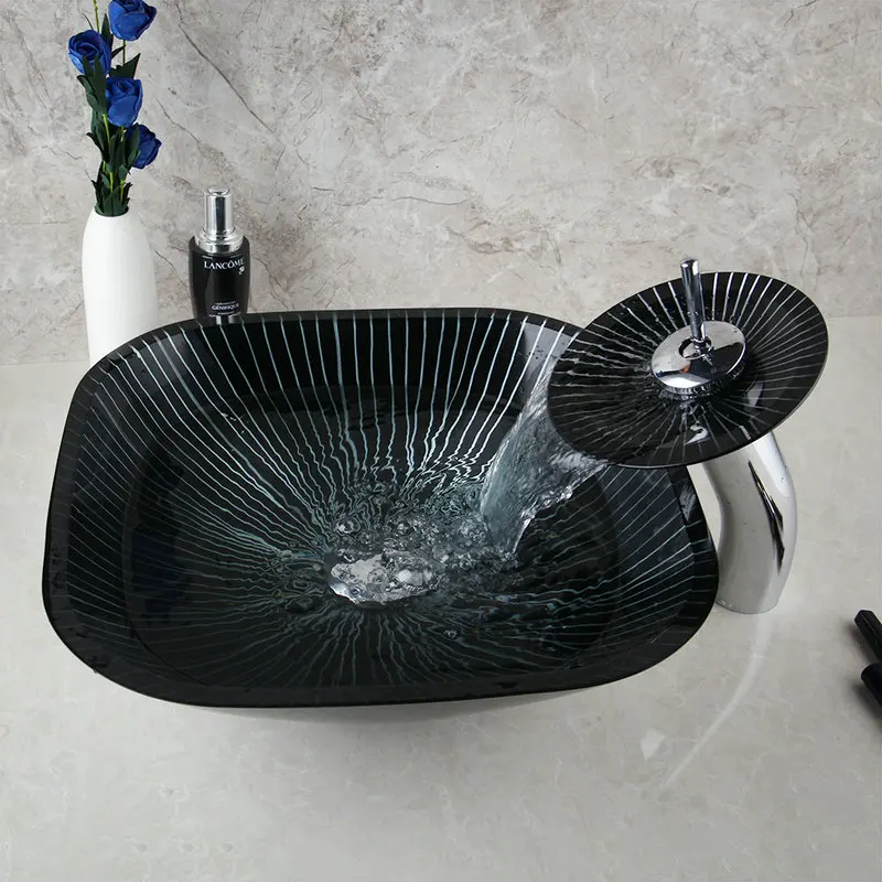JIENI квадратная черная Ванная раковина умывальник набор для ванной кран смеситель художественный дизайн закаленное стекло ручная роспись водопад раковина кран - Цвет: Basin Set A