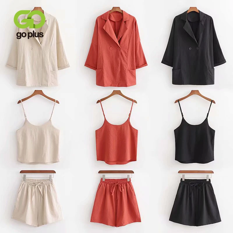 

GOPLUS Autumn 2 Piece Set Women Coat Bow Elastic High Waist Shorts Sleeveless Crop Top Conjunto Feminino Conjuntos De Mujer