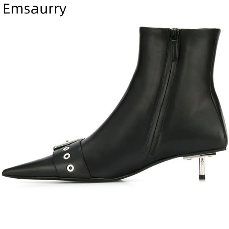 

2019 New Women Boots Point Toe Decor Metal Buckle Novelty Motorcycle Boots Metal Thin Heel Side Zipper Comfy Real Leather Boots