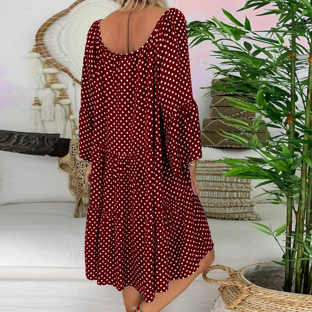 Boho женское платье, женское свободное платье в горошек, рукав три четверти, мини платье, летнее платье, v-образный вырез, вечерние, Клубная туника, Пляжное Платье# G7