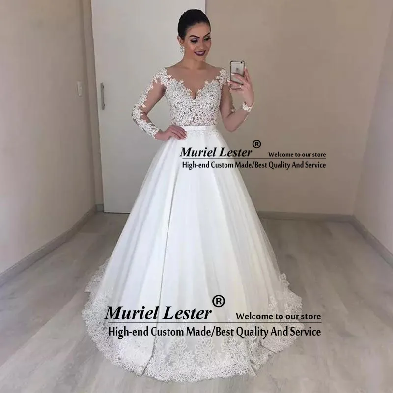 Luxury Lace Princess Ball Gown Wedding Dresses Sheer Neck Illusion Long Sleeves Appliques Country Bridal Dress Vestido De Noiva sexy wedding dresses Wedding Dresses