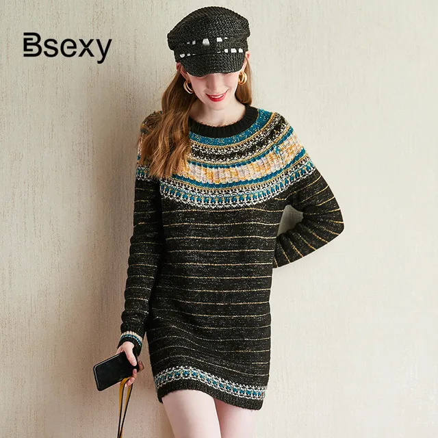 $US $33.59  Winter Loose Sweater Dress 2019 Runway Designer Lurex Striped Army Green Women Knitted Jumper Dress
