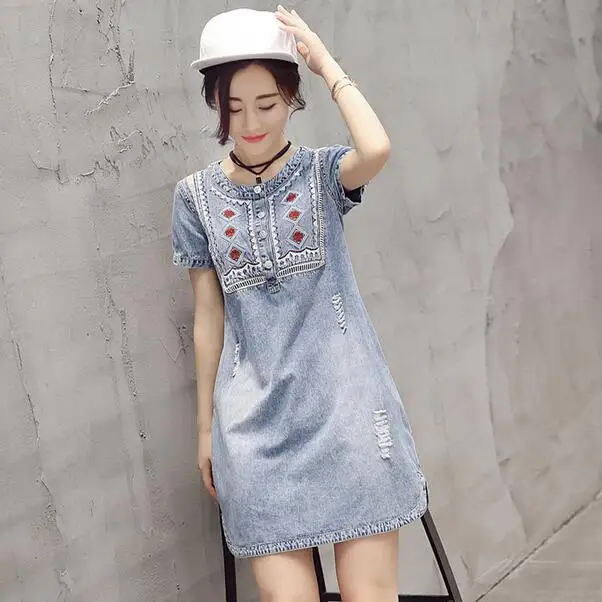 

Summer 2019 Denim Dress Women Sundress Retro Vintage Embroidery Soft Mini Plus Size Jeans Dress Vestidos Femininos DF876