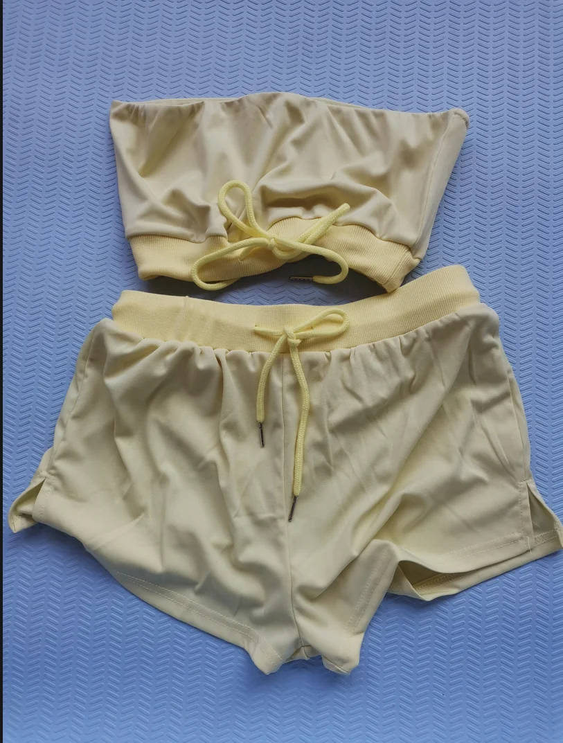 Summer 2 Piece Sets Women Bandage Drawstring Strapless Crop Top Short Pants Jogging Tracksuit Ladies Sport Set Hoodies Outfits