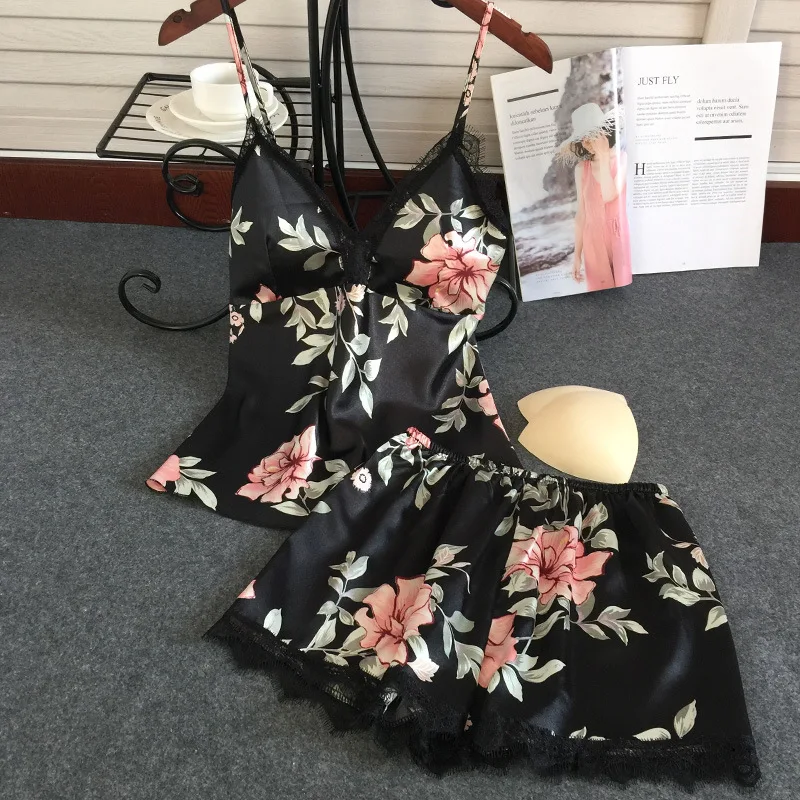 

Printed Floral Women Pajamas SUIT Satin 2PCS Sleep Set Nightwear Lace Trim Pijamas Intimate Lingerie Summer New Home Clothing