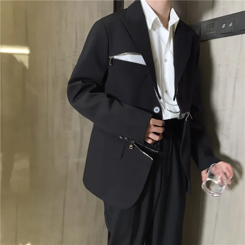 Male Japan High Street Suit Coat Outerwear Spring Autumn Men Zipper Design Casual Blazer Jacket Overcoat | Мужская одежда