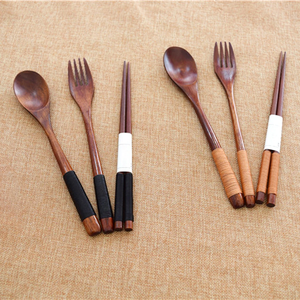 5sets Wooden Portable Tableware Cutlery Sets Natural Travel Dinnerware Suit Environmental Dinner Set with Cloth Pack Gift