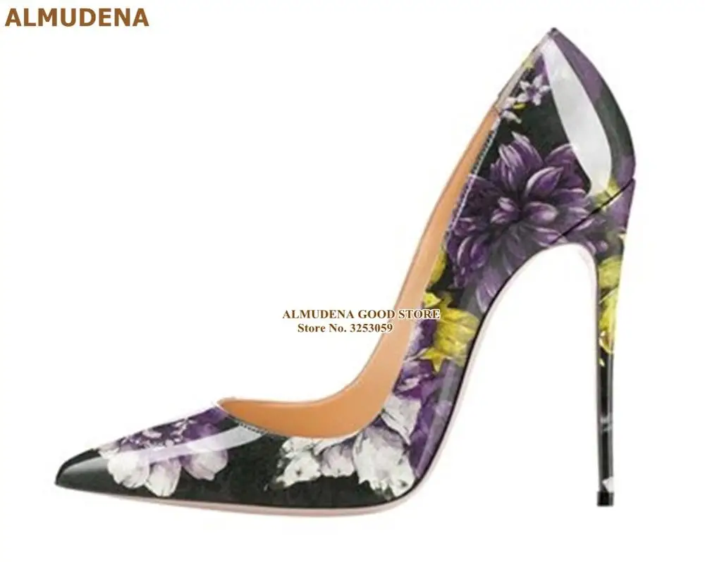 ALMUDENA/туфли-лодочки из лакированной кожи с цветочным принтом на высоком каблуке 12 см; туфли на шпильке с цветочным узором для вечеринок; Прямая поставка; свадебные туфли-лодочки; размеры 45