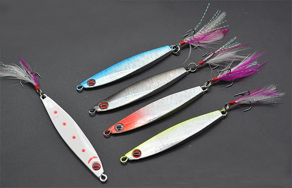 5PCS Sea Fishing lure spoon Jigging Jigbait treble Feather Spanish
