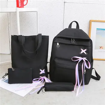 

2019 New Stylish 4 Pieces Women Casual Canvas Solid Backpack Girl Portable Big Capacity Travel School Shoulder Bag