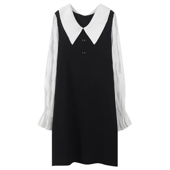 

Runway Peter Pan Collar Women Party Dresses Knitted Female Flare Sleeve Short Dress Slim Spring Mini Dress Office Lady Vestidos