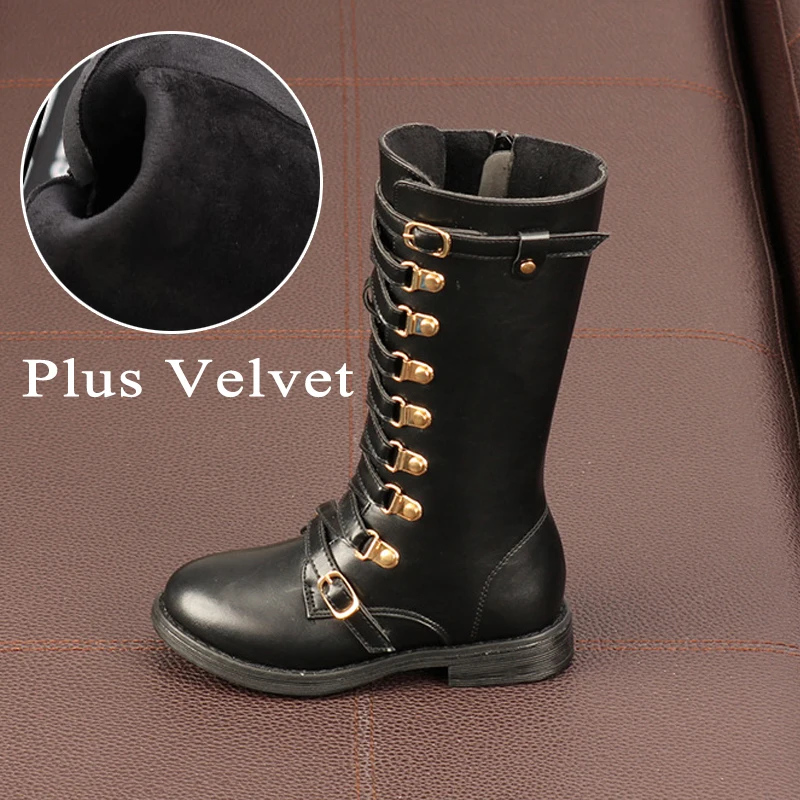 Plus Velvet Black Модные ботинки для девочек; коллекция года; зимние детские ботинки с высоким голенищем; бархатные теплые детские ботинки martin; Водонепроницаемые кожаные ботинки принцессы для девочек - Цвет: Plus Velvet Black