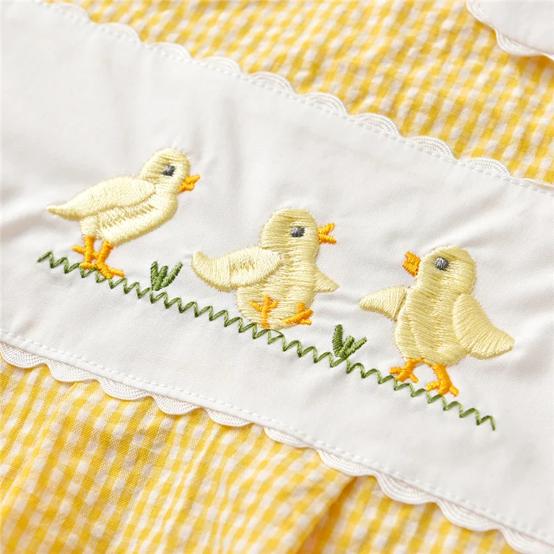 Spanish Baby Girl Plaid Romper Summer Newborn Embroidery Flower Cotton Jumpsuit Infant Baptism Yellow Rompers Toddler Clothes