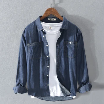

2020 New Denim Shirts Men Casual Outerwear Plus Size 100% Cotton Shirts Chest Pocket Vintage Clothing Y2755