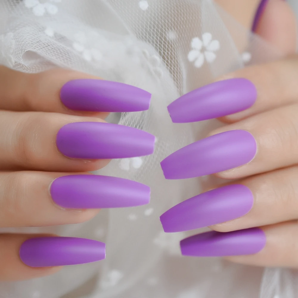 Длинные матовые ногти для балерины; карнавальный стиль; цвет темно-Лавандовый, фиолетовый; очень длинные матовые накладные ногти; матовые однотонные накладки