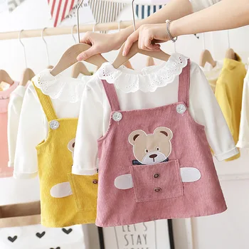 

2PCS WLG Girls Clothing Set Kids Spring Autumn Yellow Pink Cartoon Strap Dress and White Shirt Set Baby Girl Cute Clothes 1-3T