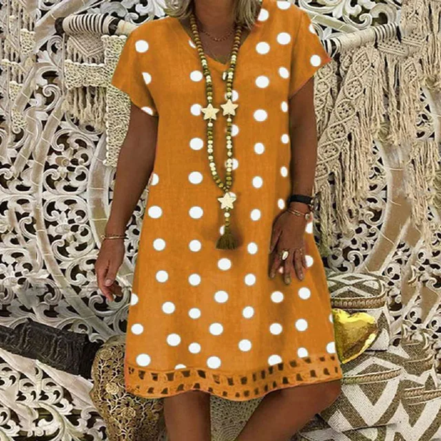 ShiMai 2021 S-5XL Plus Size Dot Dress Loose Ladies Orange Yellow Summer Dresses For Women Casual Clothes Pareos De Playa Mujer 1