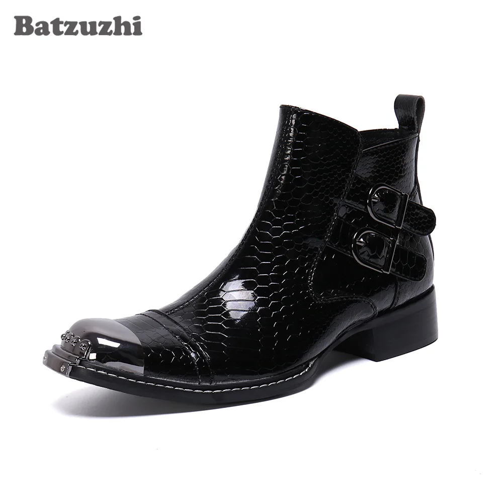 

Batzuzhi Business Leather Boots Bota Masculina Fashion Men Boots Luxury Black Leather Ankle Boots Square Toe Metal Tip, Size 46