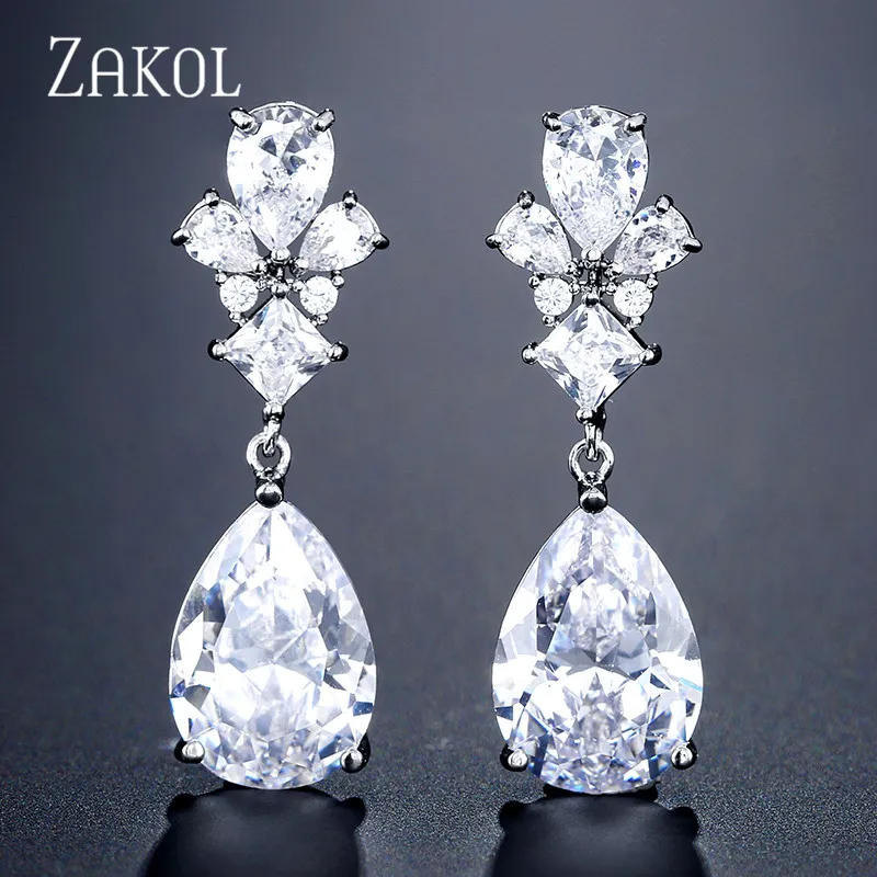 White Color ZAKOL Романтические свадебные аксессуары ювелирные изделия Изысканный кубический циркон висячие серьги с розовым золотом цвет FSEP2196 - Окраска металла: White Color