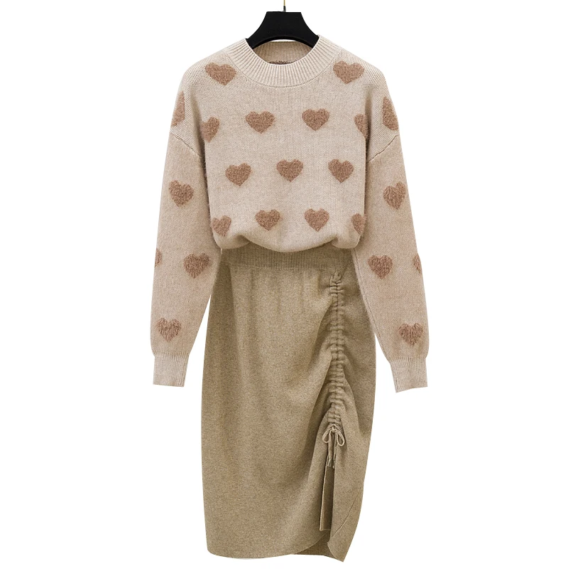 

Languid Lazy Wind Sweater Suits Printed Fall And Winter Love Draw String Skirts Two-Piece Outfit Casual Knitwear Pullover Top