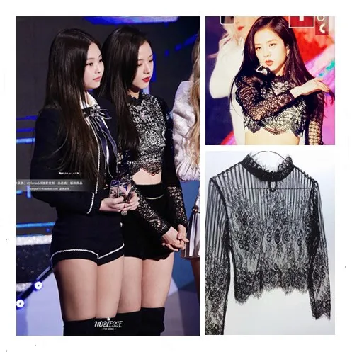 

kpop Blackpink jisoo same Summer Women Sexy Lace Long Sleeve Shirts female loose Tops korean Casual Solid Flower Hollow Blouse