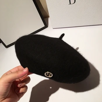 

2019 Winter Woman Wool Hat Fashion Rhinestone H Letter Beret Winter Hats Vintage Male Beret French Hat Black Cap Boina Baret