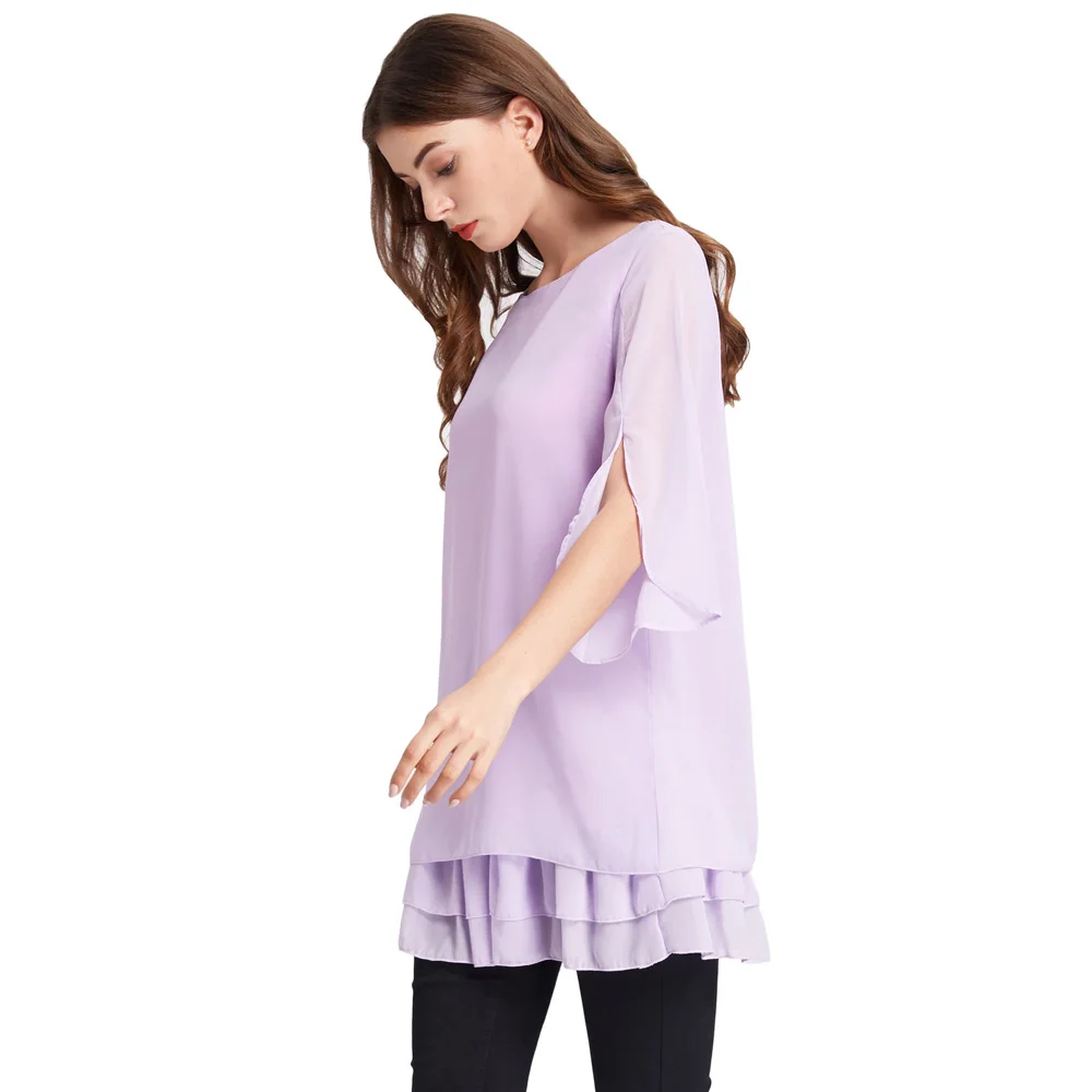 GK Women's Casual Loose Fit 3/4 Sleeve Crew Neck 2-Layers Chiffon Tops Good Quality To Buy |
