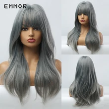 EMMOR Gray Blue Ombre Long Straight Layered Synthetic Hair Wigs With Bangs Heat Resistant Cosplay Anime Lolita Wig for Women