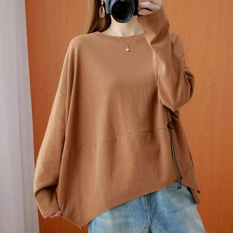 DIMANAF 2021 Plus Size T-Shirt Autumn Soft Cotton Women Oversize Female Batwing Loose Solid Vintage 2020 New Casual Tops&Tees