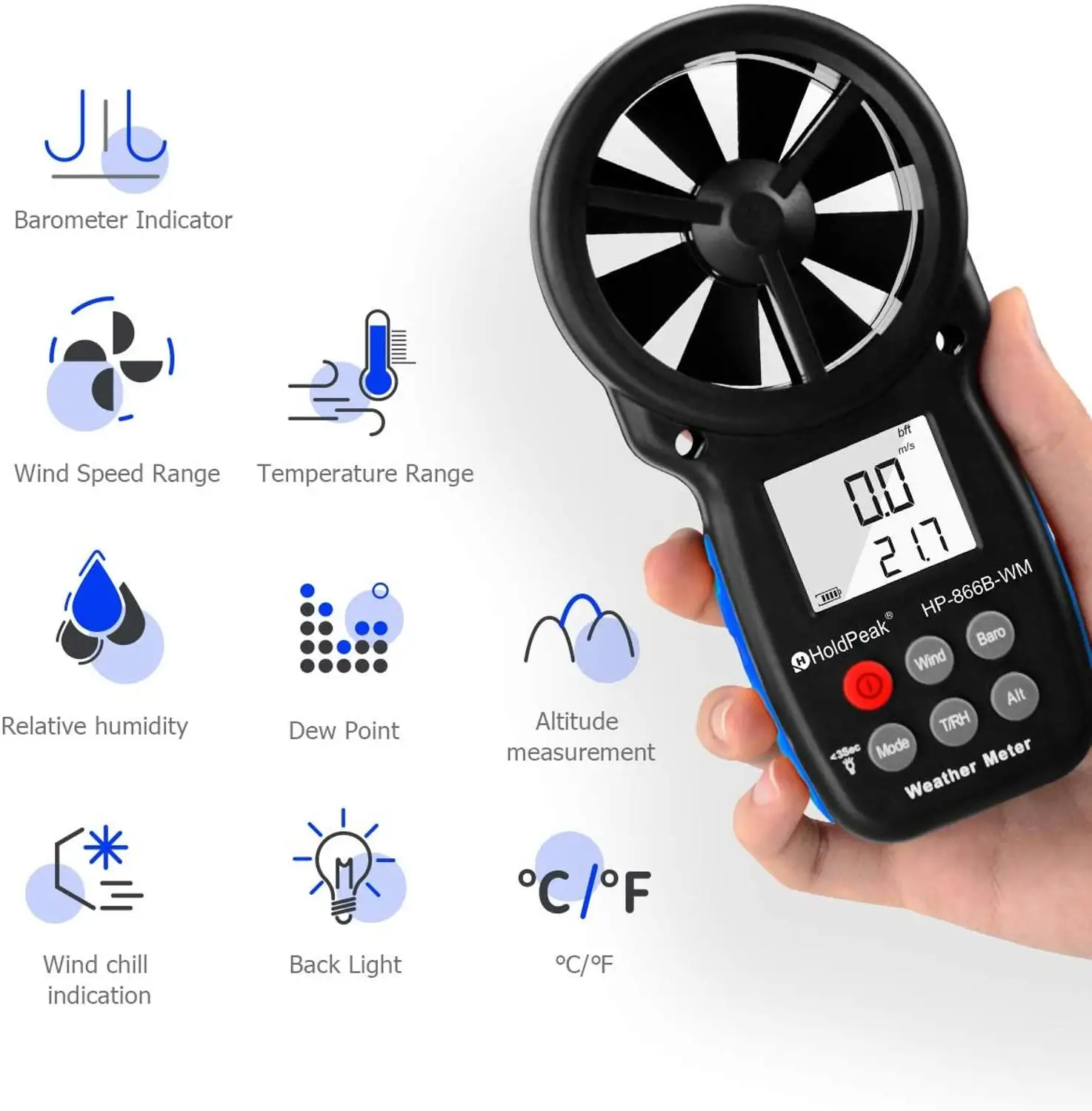 

866B-WM Digital Anemometer for Measur Wind Speed,Temperature (â„ƒ/â„‰),Dew point and Wind Chill with Backlight and Humidity Tester