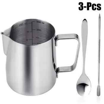 

Milk Pitcher 12OZ Stainless Steel Frothing Cup Milk Frother Cup Milk Cup with Latte Art Pen and 5'' Mixing Spoon