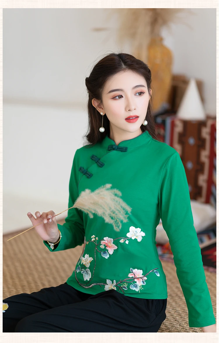 KYQIAO blusa feminina Женская осенне-Весенняя Оригинальная дизайнерская блуза с длинными рукавами и воротником-стойкой, черная, красная, зеленая блузка с вышивкой, рубашка