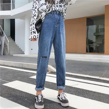 

S-XL Women trousers 2019 korean style vintage denim harem pants jeans high waist ripped denim pants womens (Z8709)