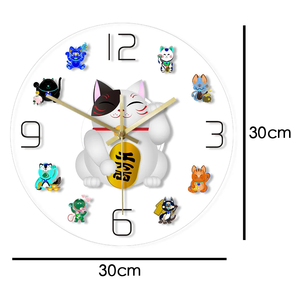 Манеки Неко Кот приносящий удачу мультфильм акриловые печатные настенные часы Японский поманить кота немой настенный светильник милый счастливый котенок домашний декор