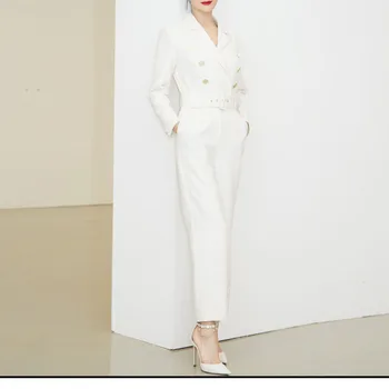 

Fashion Runway Designer Autumn White Belt Slim Jumpsuit Elegant Long Sleeve Notched Button Rompers