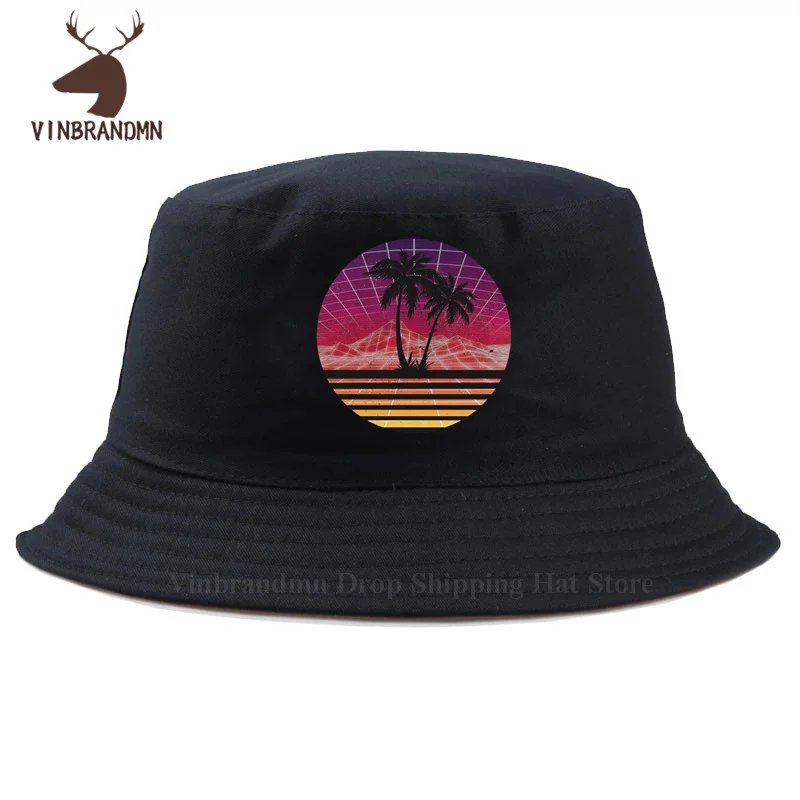 Hawaii Mountain Vintage 80S Outrun Sunset Palm Bucket Hat Silhouette Hat Retro Vaporwave Berretti Da Baseball Unisex Cool Tropical Hats