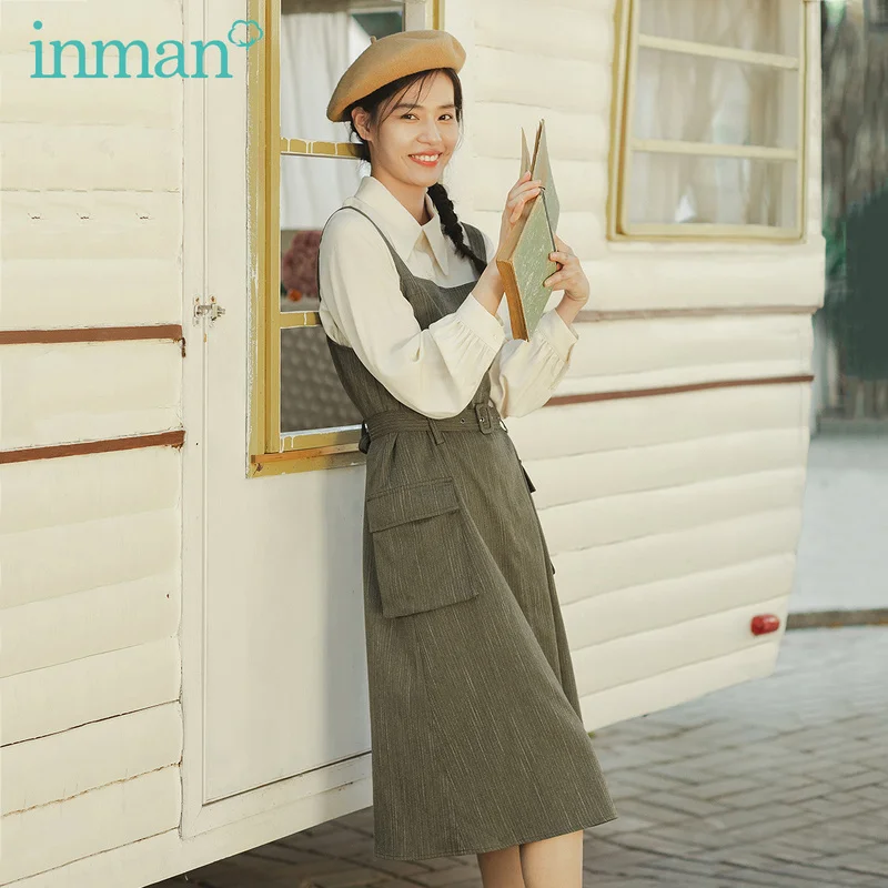 

INMAN 2020 Spring New Arrival Literary Square-cut Collar With Belt Nipped Waist A-line Medium Length Suspender Dress