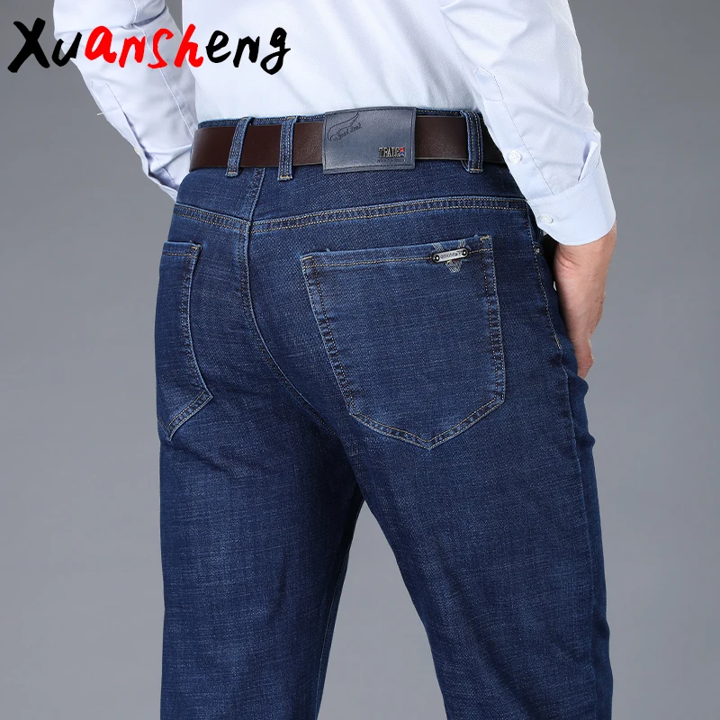 Xuan Sheng бизнес прямые мужские джинсы Новые Классические брендовые Стрейчевые повседневные модные синие Черные длинные штаны уличные джинсы - Цвет: Синий