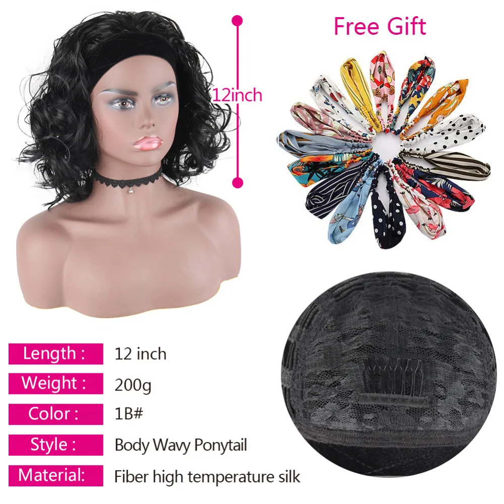 产品信息002Body Wave Short Curly Ponytail for&nbsp;Black&nbsp;Women Loose Wave Headband Wigs Headwrap Synthetic Natural Wave Turban Ponytail Hair Extension
