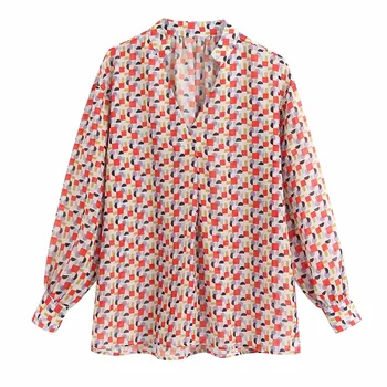 

Stylish Chic Geometric Print Loose Blouse Women Fashion V-Neck Shirts Elegant Ladies Casual Streetwear Tops