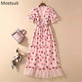 

Runway Fashion Strawberry Pleated Long Dress Women Short Sleeve V-neck Belted Elegant Sweet Vintage Ladies Dresses Vestidos 2020
