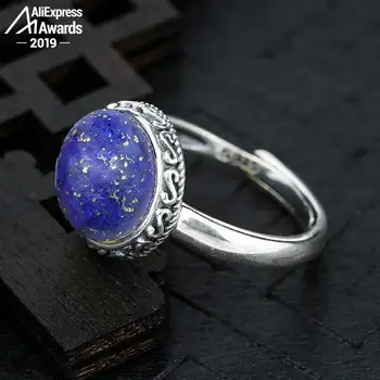 

10*10mm 6.18 Sale S925 Sterling Silver Asia Lapis Rings Exaggerated Rings Chinatown Afghanistan Retro Gemstone