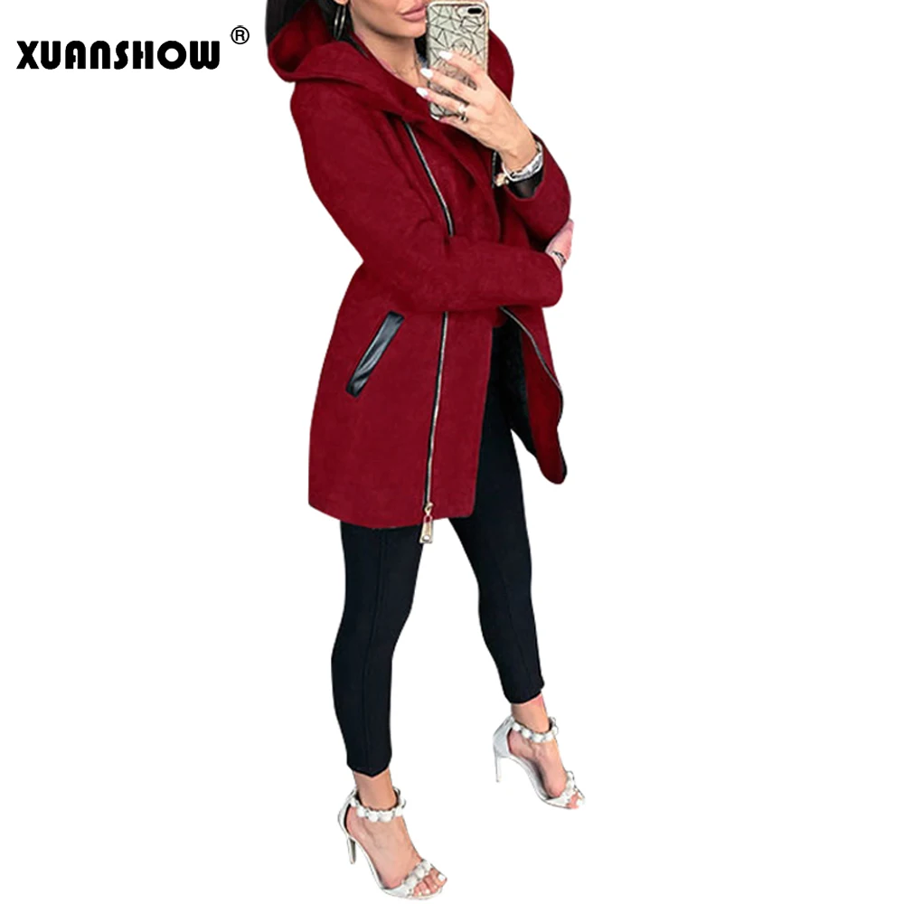 Red XUANSHOW зима осень длинный рукав с капюшоном женская тонкая повседневная куртка диагональная молния пальто Женская Harajuku Женская толстовка - Цвет: Red