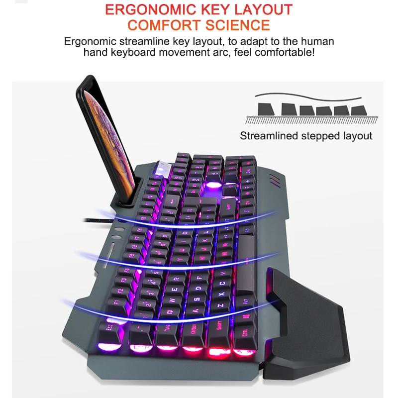 fio teclado ergonômico com retroiluminação rgb suporte