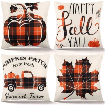 

Fall Pillow Covers Autumn Farmhouse Buffalo Plaid Pillow Covers Holiday Rustic Linen Pillow Case