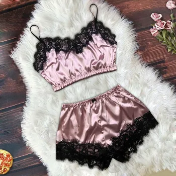 

2020 New Summer Pajamas Sexy Lace Lingerie Sexy Cute Pajamas Set Silk Satin Sleepwear Solid Color pyjamas women pijamas pizama