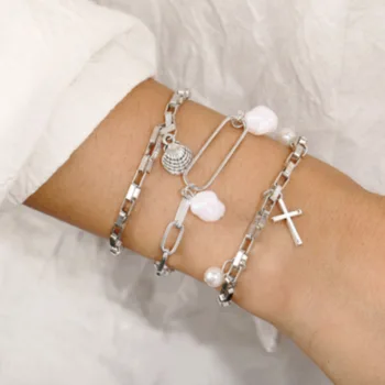 

European and American New Bracelet Creative Retro Simple Cross Metal Scallop Pearl Bracelet Set 3-Piece Set
