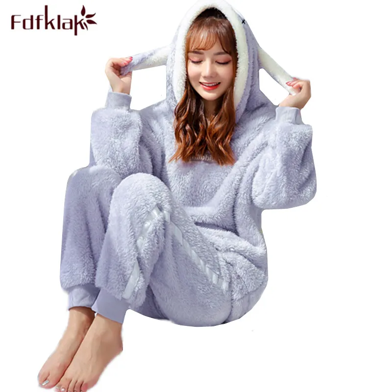 Fdfklak толстые фланелевые пижамы для женщин пижамный комплект с длинным рукавом теплая Домашняя одежда зимняя Пижама женские пижамные комплекты с капюшоном